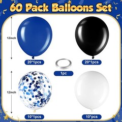60 Pcs Balloons Kit 12 Inch Confetti with 2 Rolls Black, Blue, White