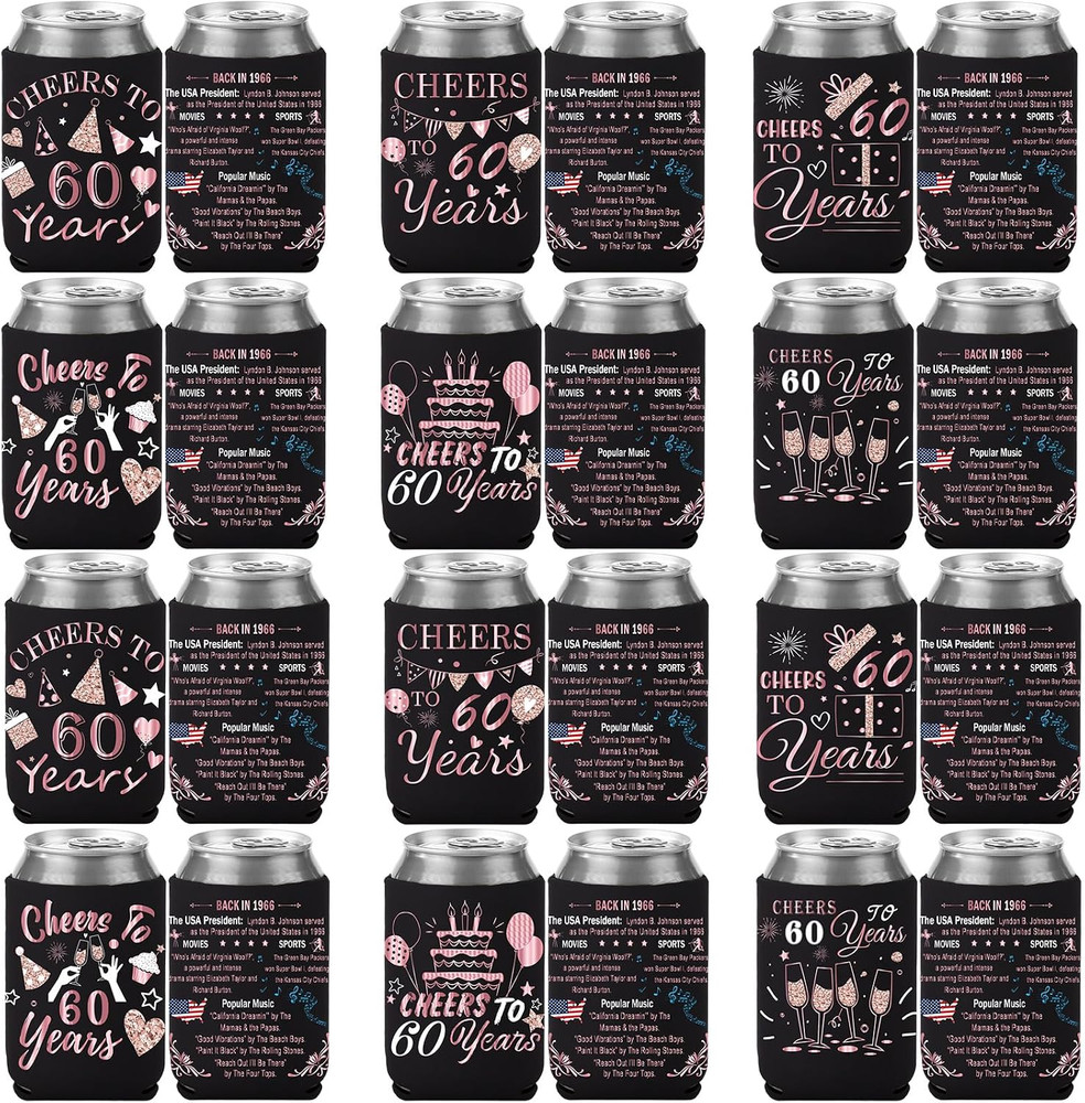 60th Birthday Decorations for Women, 24 Pcs 1966 Can Cooler Sleeve | Vintage Ros