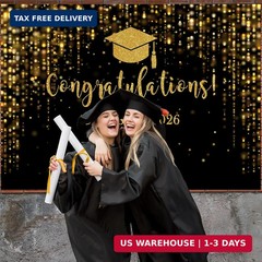 Class of 2026 Graduation Backdrop Black Gold Glitter 7x5ft Photo Booth