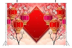 8x6ft Chinese New Year Backdrop – Red Lanterns, Cherry Blossoms, Spring Festival