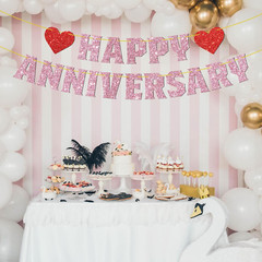 Happy Anniversary Banner Pink Glitter 10Th 20Th 30Th Wedding Birthday Anniversar