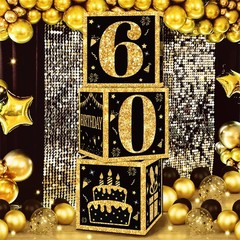 60th Birthday Decorations Boxes for Men- 3PCS Black Gold Happy 60th Birthday …