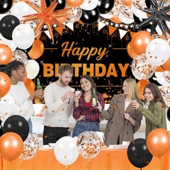 62pcs Orange Birthday Decorations Orange Black Happy Birthday Banner Backdrop…