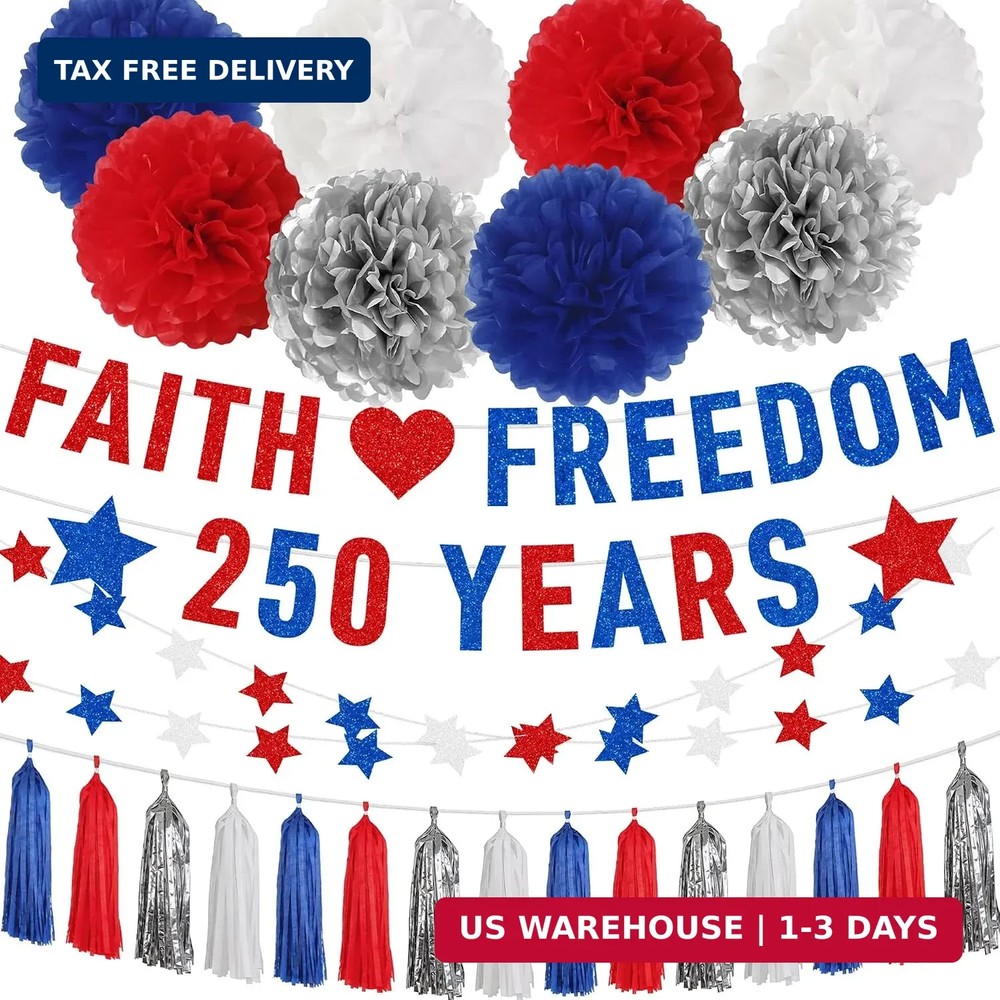 4th of July Decorations – 13 Pcs 250th Anniversary Pre-strung Banner Star Stream
