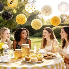 Bee Party Decorations, 12PCS Yellow Hanging Paper Lanterns Tissue Pom Poms De…