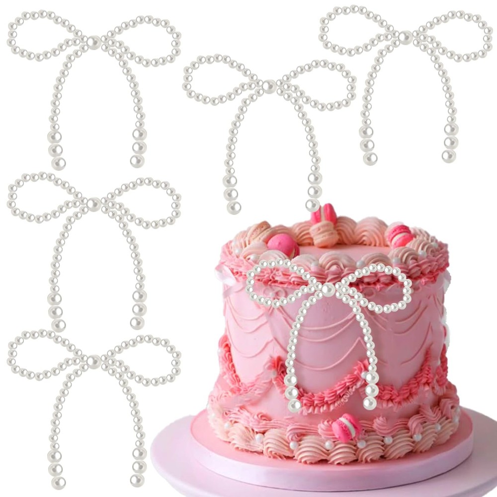 12Pcs Pearl Bow Cake Cupcake Toppers Birthday Wedding Party Decor