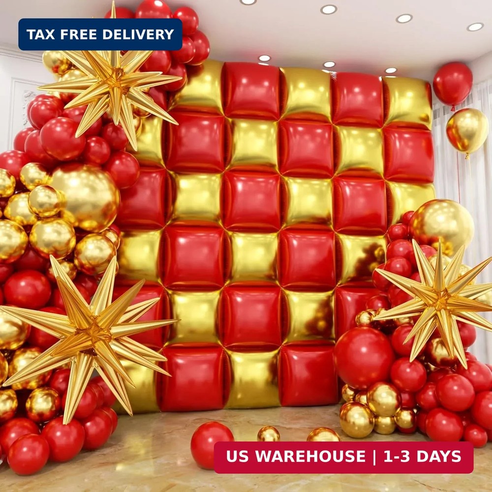 36pcs Red and Gold Square Foil Balloons Wall Backdrop with 147pcs Balloon Garlan