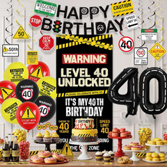 40Th Birthday Decorations Men Women, Caution Logo Level 40 Unlocked Banner Backd