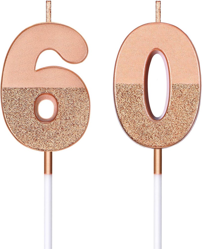 BBTO 60th Birthday Candles Glitter Cake Numeral 1 97 inch, Rose Gold