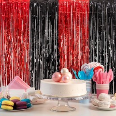 Graduation Party Decoration, 2 Pack Red and Black 3.3×6.6 ft Foil Fringe Curt…
