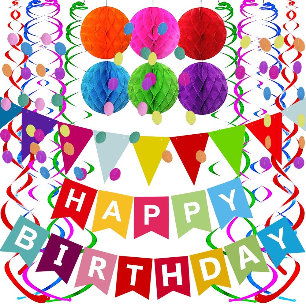Happy Birthday Banner With Colorful Paper Flag Bunting Paper Circle Confetti