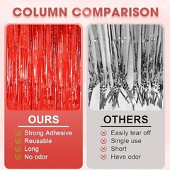 2 Pack Red Tinsel Foil Fringe Curtains, Red Party Decorations, Laser Red