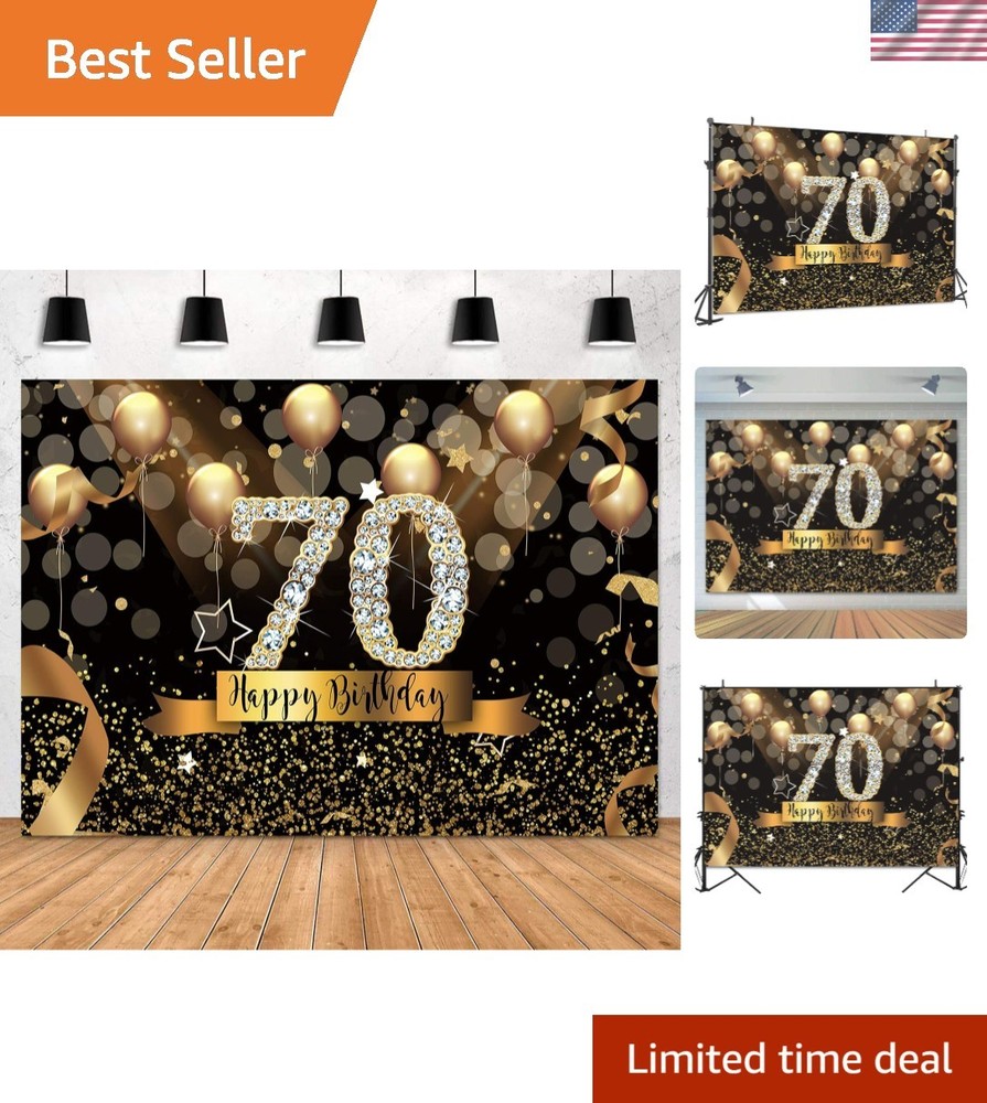 Stylish 7x5ft Black and Gold 70th Birthday Backdrop for Stunning Celebrations
