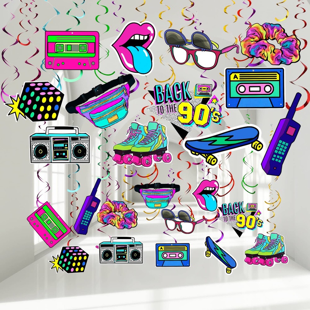 Chinco 48 Pcs 90s Theme Party Decorations Swirls Hanging Birthday Hip Hop