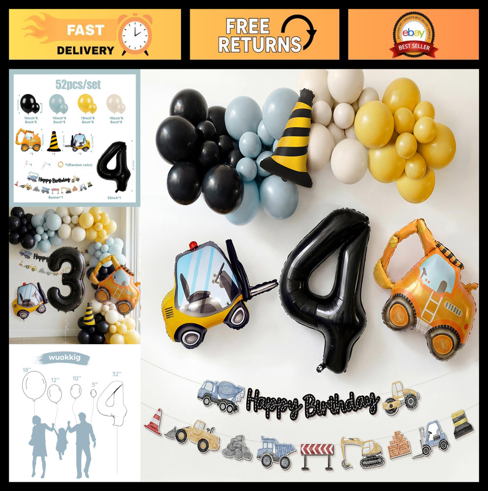 Construction Birthday Party Supplies – Balloon Garland Arch Kit, Excavator & Num