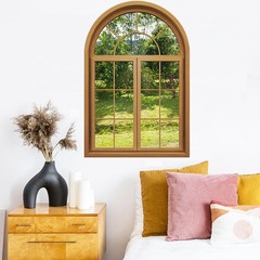 3D Wall Stickers Fake Window Stickers,Arched Garden Scenery View Green