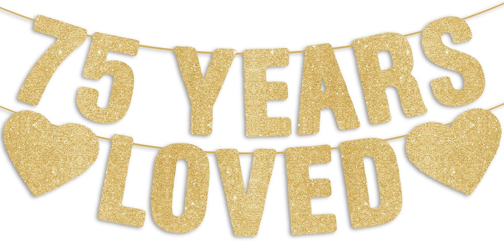 Pre-Strung 75Th Birthday Banner – Gold Glitter, Happy 75Th Birthday Party Decora