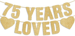 Pre-Strung 75Th Birthday Banner – Gold Glitter, Happy 75Th Birthday Party Decora