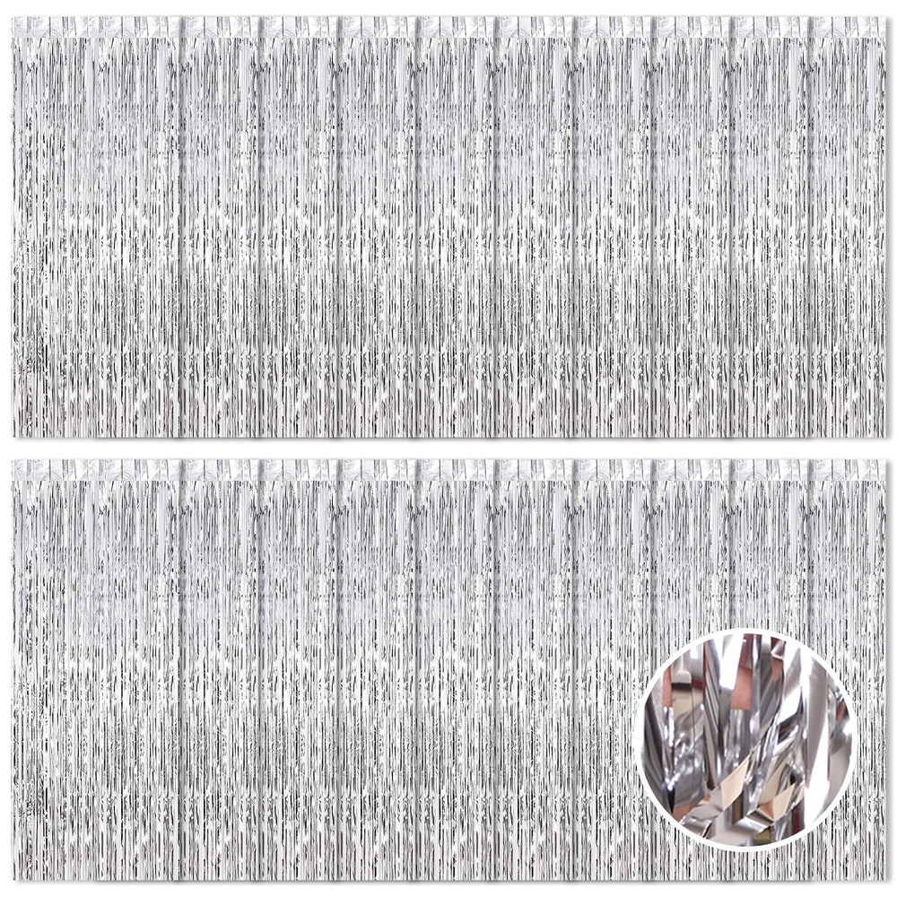 Best 20 Pack Silver Foil Curtain Backdrop 3.2ft x 8.2ft Fringe Metallic Tinsel