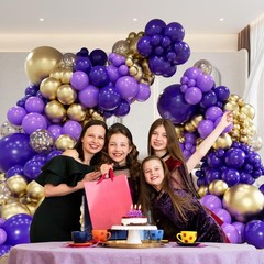 Purple and Gold Balloon Arch Garland Kit with Metallic Gold Confetti Dark Pur…