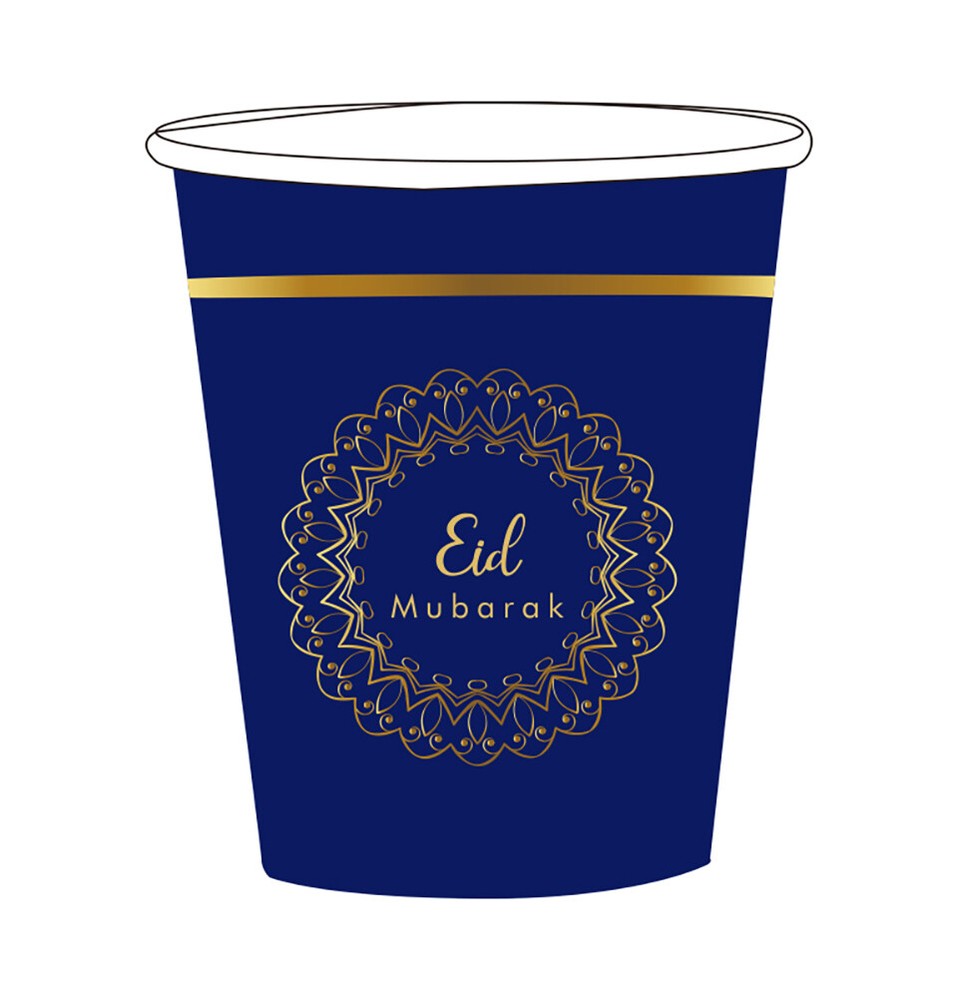 Modefa Holiday Decor | Eid Mubarak Disposable Paper Cups Blue & Gold – Set of 8