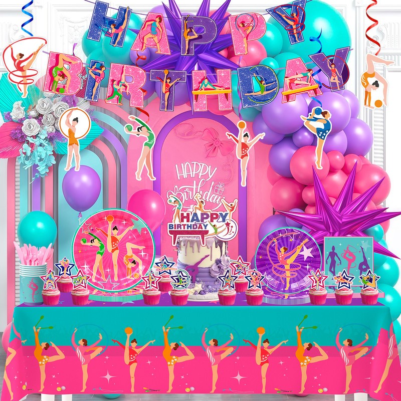 Gymnastics Party Decorations Sport Birthday Supplies Balloons Plates Tablecloth
