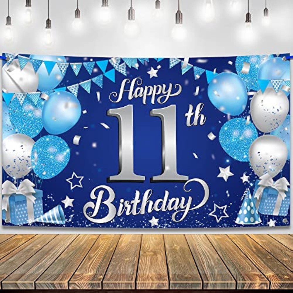 Blue and Silver 11th Happy Birthday Banner – Large, 72×44 Inch | 11th Birthday B