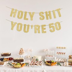 Pre-Strung 50th Party Gold Glitter Banner, 200 inches x 6.5 inches,