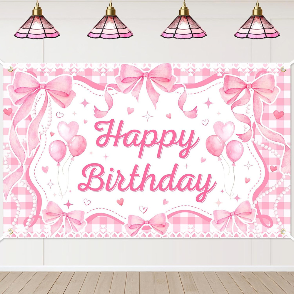Pink Bow Coquette Birthday Decorations Happy Birthday Backdrop Bow Girls Bachelo