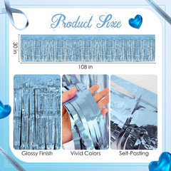 2 Pack Light Blue Lake Blue Table Skirts, 29X108″ Metallic Foil Tinsel Fringe