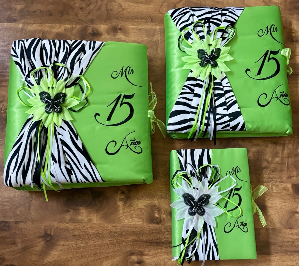 New 3pc Lime Green Zebra Quinceañera Ceremony Set Bible Photo Album Guest Book