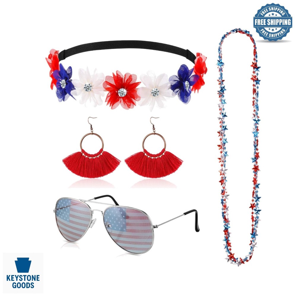 4th of July Women’s Accessories Set – Patriotic Headband, Sunglasses, Necklac…