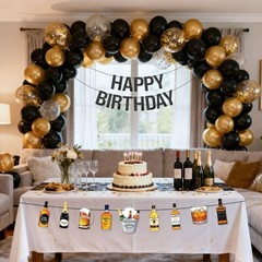 Pre-strung Black Happy Banner Black Glitter Decorations Whiskey Beer Party Ba…
