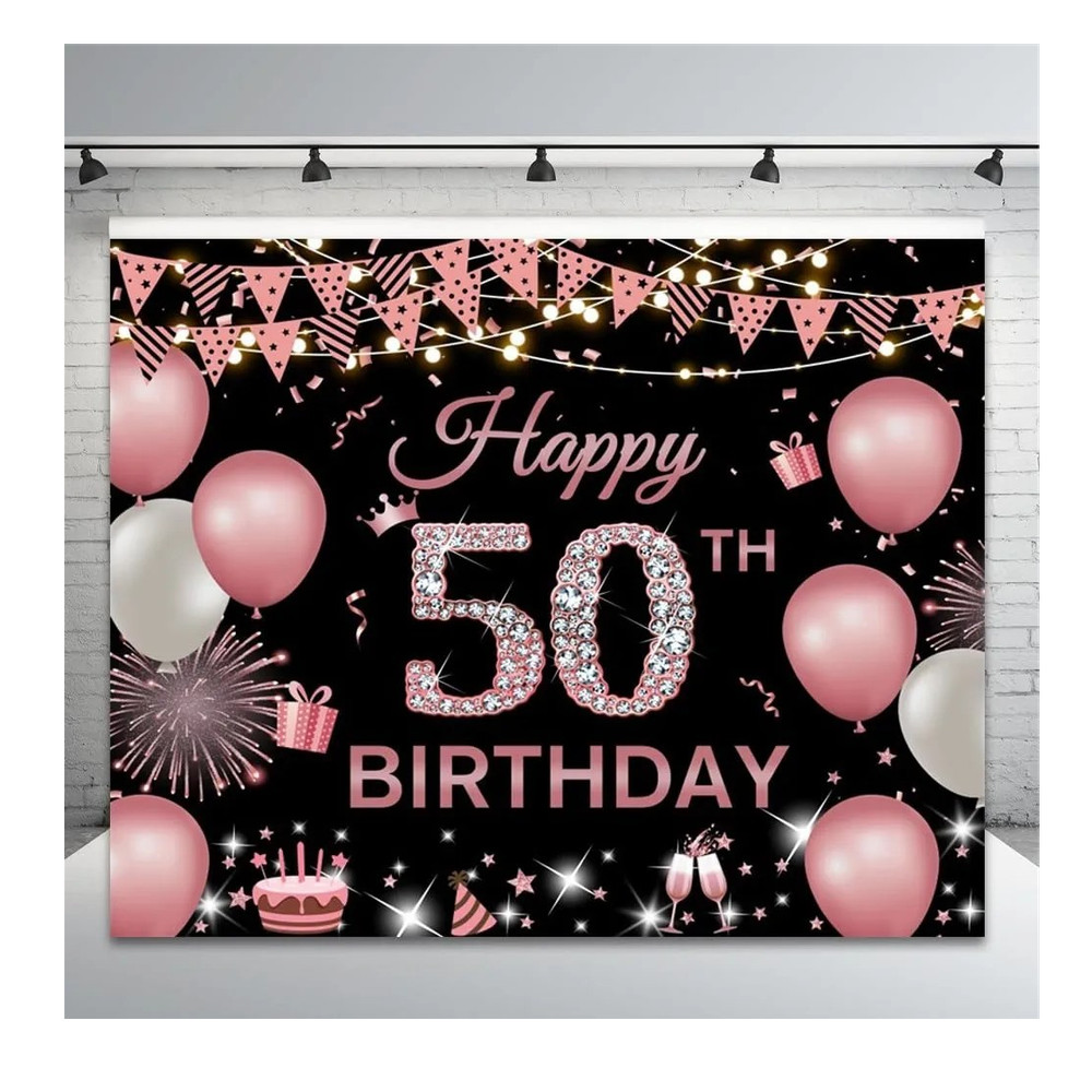Happy 50th Birthday Party Backdrop Banner Birthday Theme Black Pink White 10×8