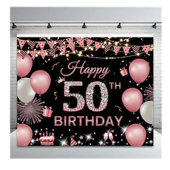Happy 50th Birthday Party Backdrop Banner Birthday Theme Black Pink White 10×8