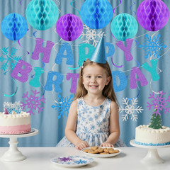 Snowflake Birthday Decorations for Girls, Glitter Happy Birthday Banner with Hon