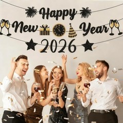 Black Gold New Years Decorations 2026 Glitter Happy New Year Banner New Years