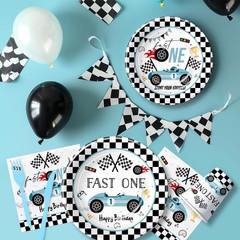 Fast One Birthday Decorations For Boys Tableware – Blue Race Car 1st Birthday Pa