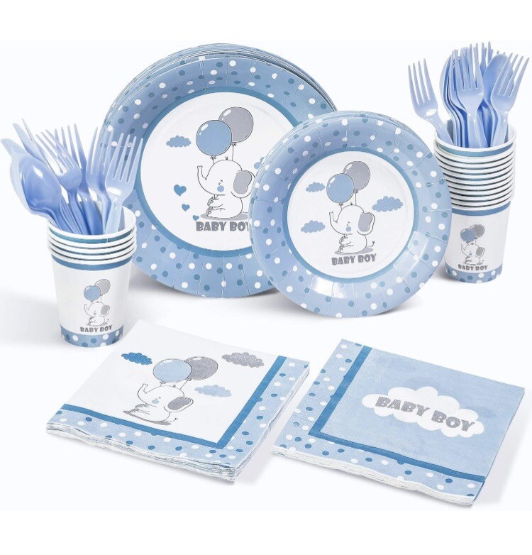 168 Pc.Elephant Themed Baby Boy Shower Tableware Set.Plates,napkins,cups,utensil