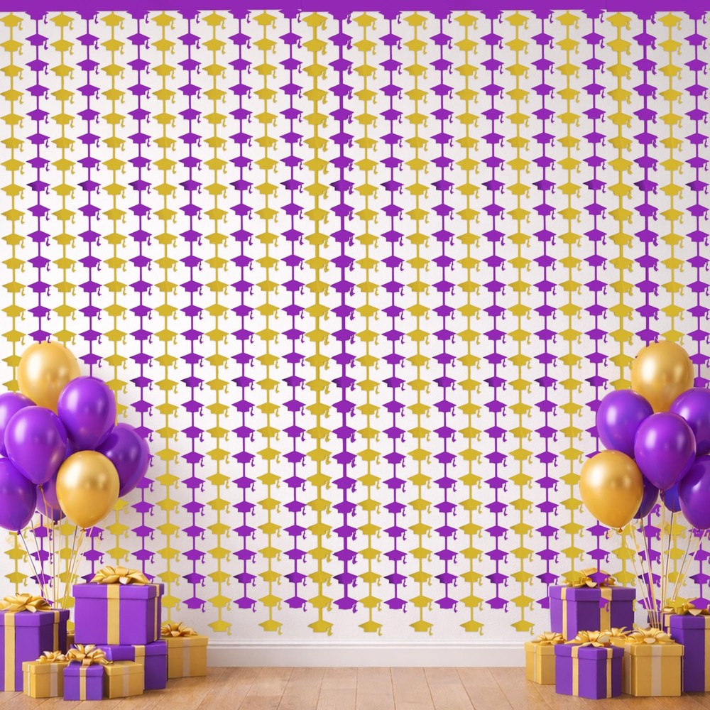 Graduation Decoration 2026 – Purple Gold Graduation Cap Tinsel Streamers Backdro