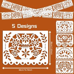 White Papel Picado Banner, 33ft Plastic Mexican Flag with 5 Designs, Fiesta D…