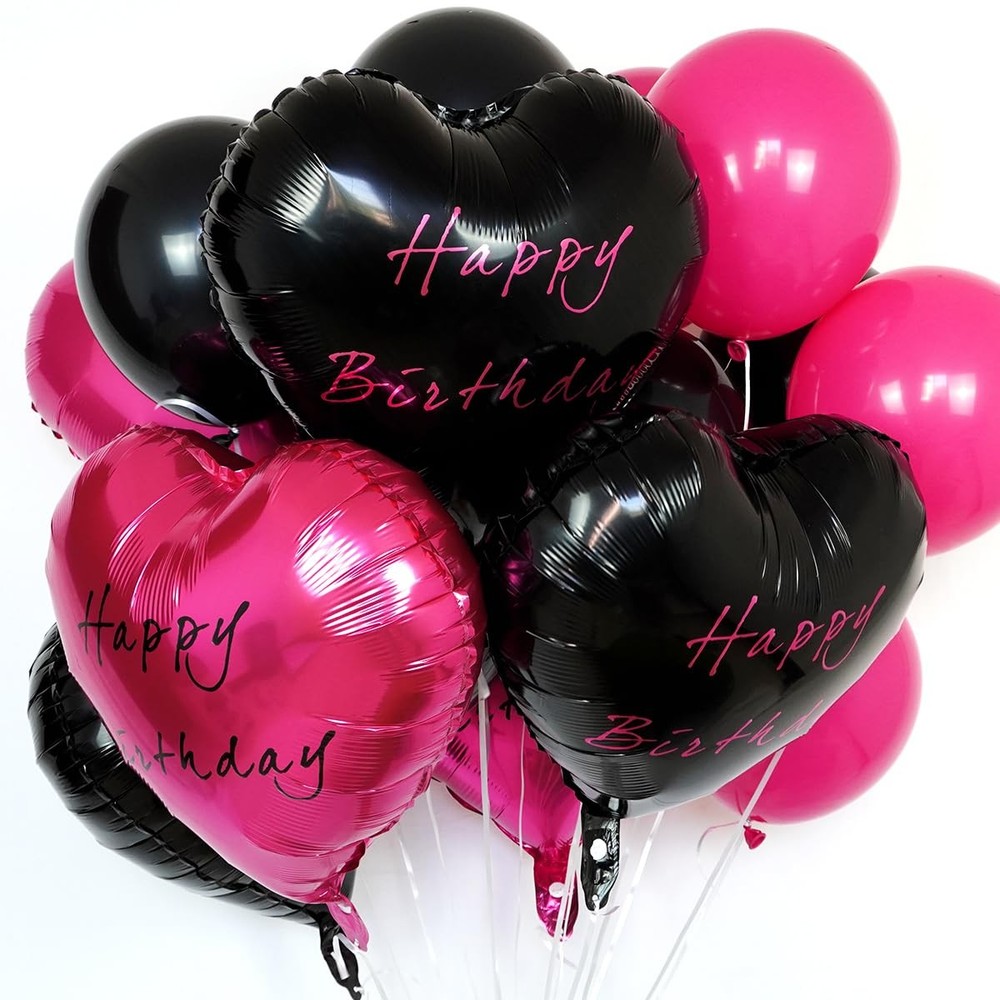 Black and Hot Pink Happy Balloons for , Hot Pink Black Foil Heart and Rose Re…
