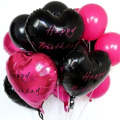 Black and Hot Pink Happy Balloons for , Hot Pink Black Foil Heart and Rose Re…