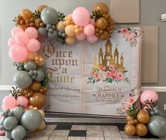 Aumeko 8x6ft Once Upon a Time Backdrop Pink Floral Gold Castle Princess