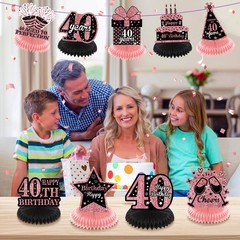 9 PCS Rose Gold Black Happy 40th Birthday Table Honeycomb Centerpieces