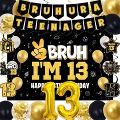 13th Decorations for Boys Girls, Black Gold Bruh Ur A Teenager Party Decorati…