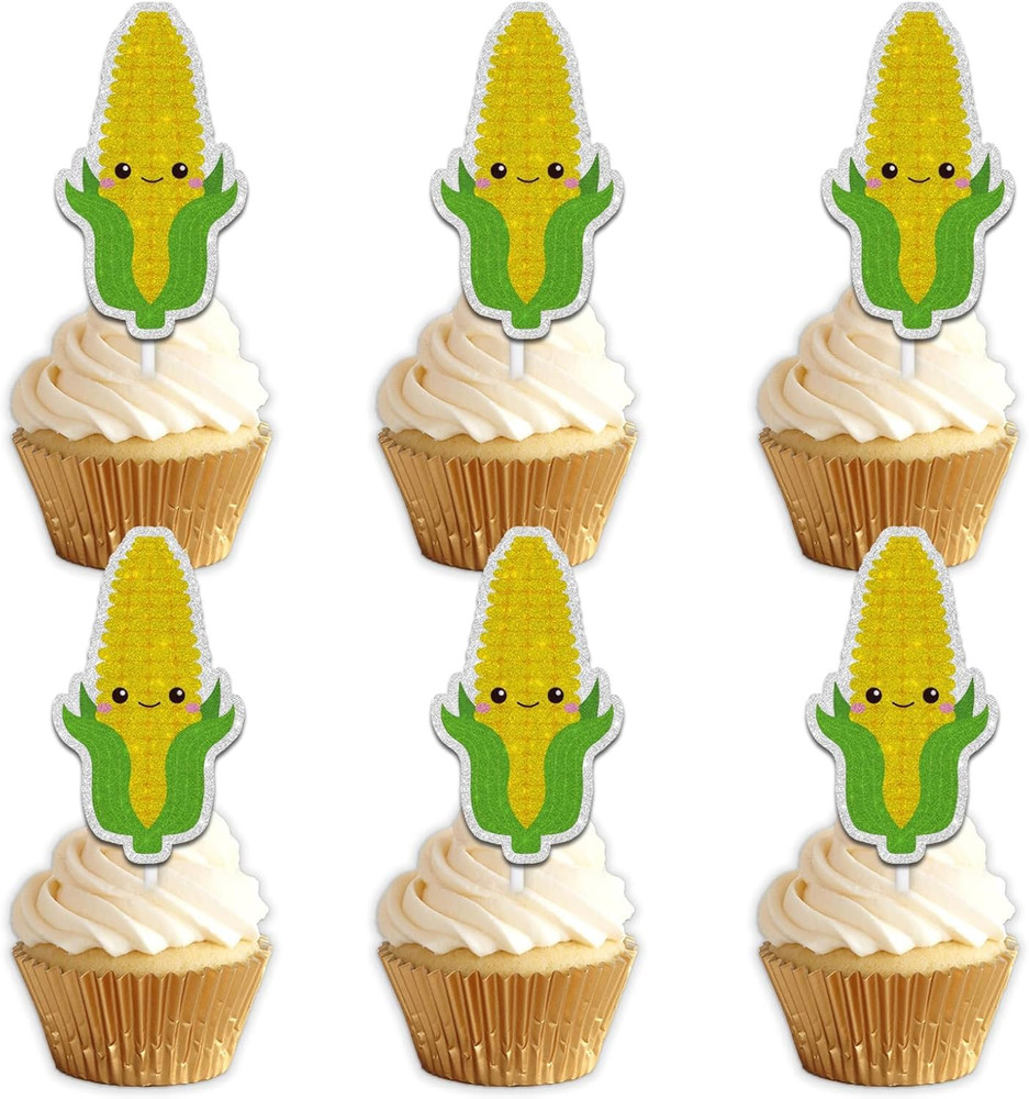 18Pcs Yellow Glitter Cute Corn Dessert Cupcake Topper Funny Vegetable Theme Deco