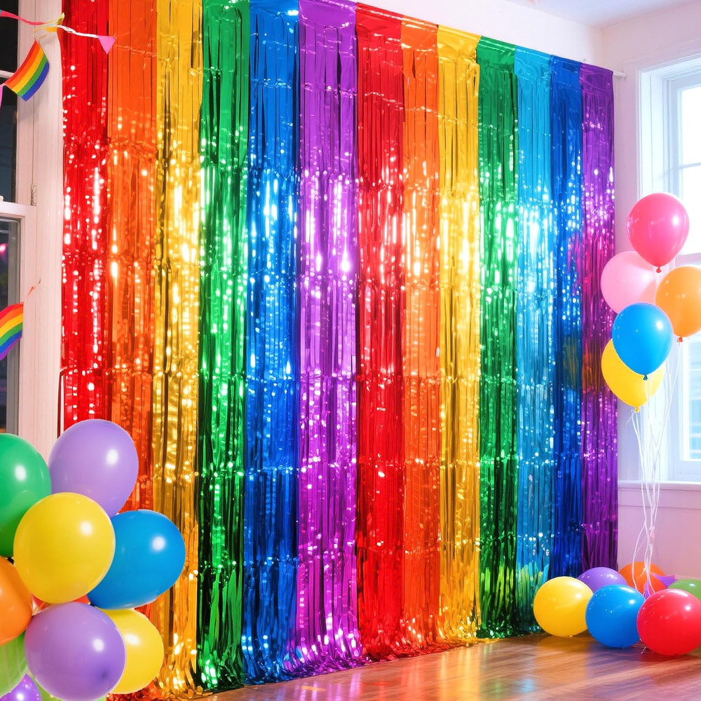 4 Packs Rainbow Foil Fringe Curtain, Assorted Color Metallic Tinsel Backdrop for