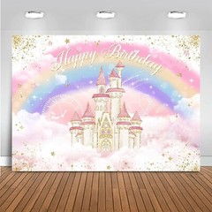Mocsicka Princess Castle Birthday Backdrop Watercolor Pastel Rainbow Birthday Ph