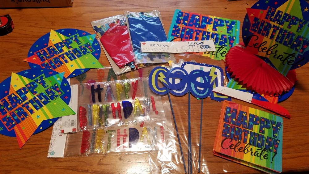 Birthday Celebration decorations bright primary colors, fast free shipping